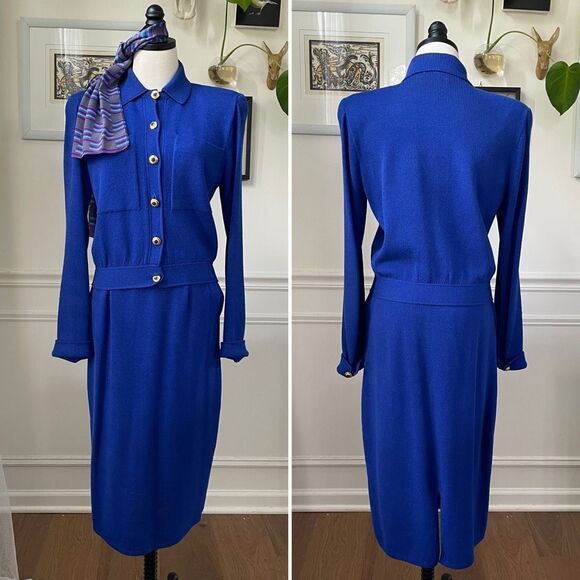 St. John Dresses & Skirts - Vintage St John 3pc Skirt Suit Santana Knit Cobalt Blue Silk Scarf M 10